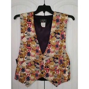 Women's XL JLN USA Festive Patriotic Bears Flag Print Vest Cottage Granny